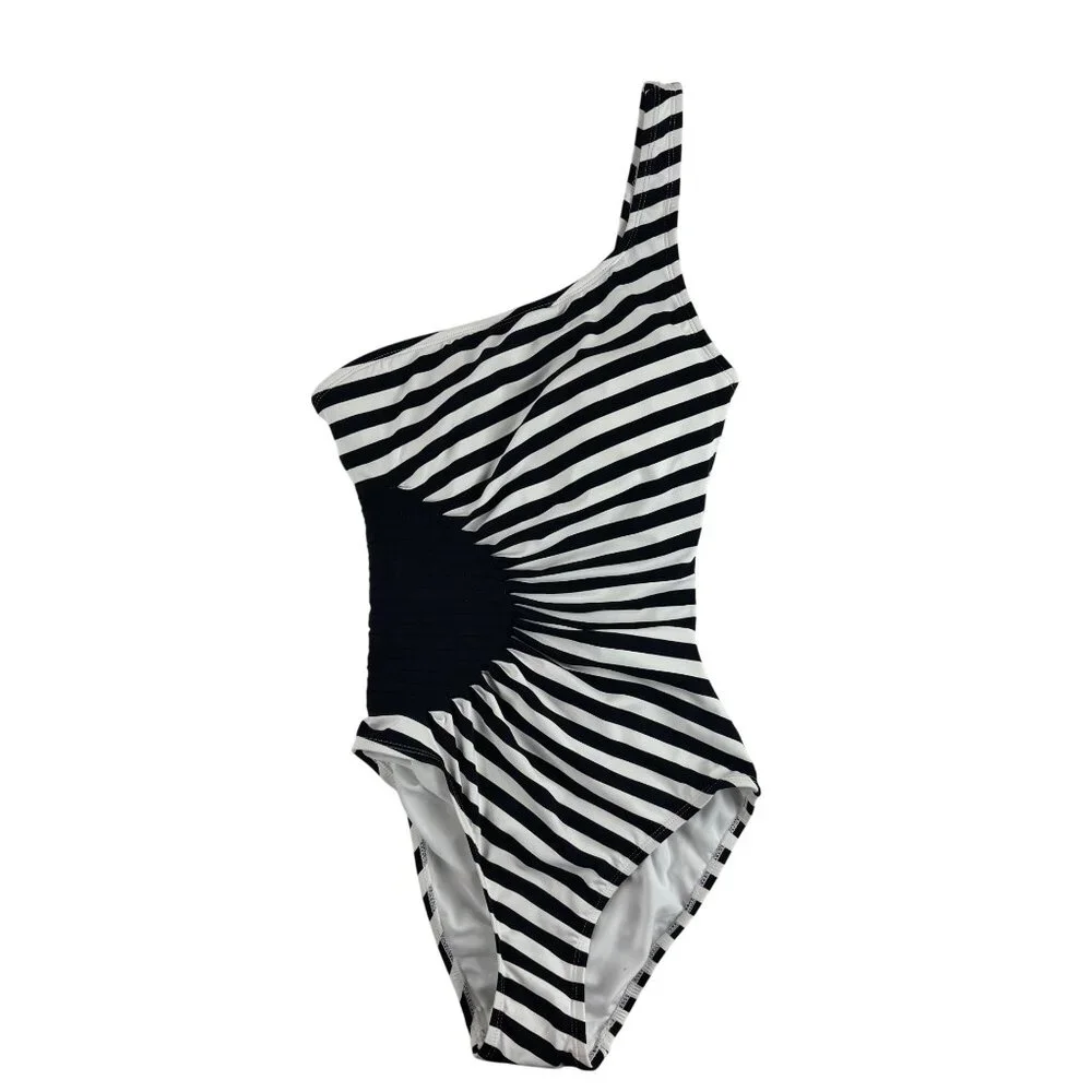 Anne Cole Signature Striped Swimsuit Womens 8 One-Shoulder Black & White Stripes